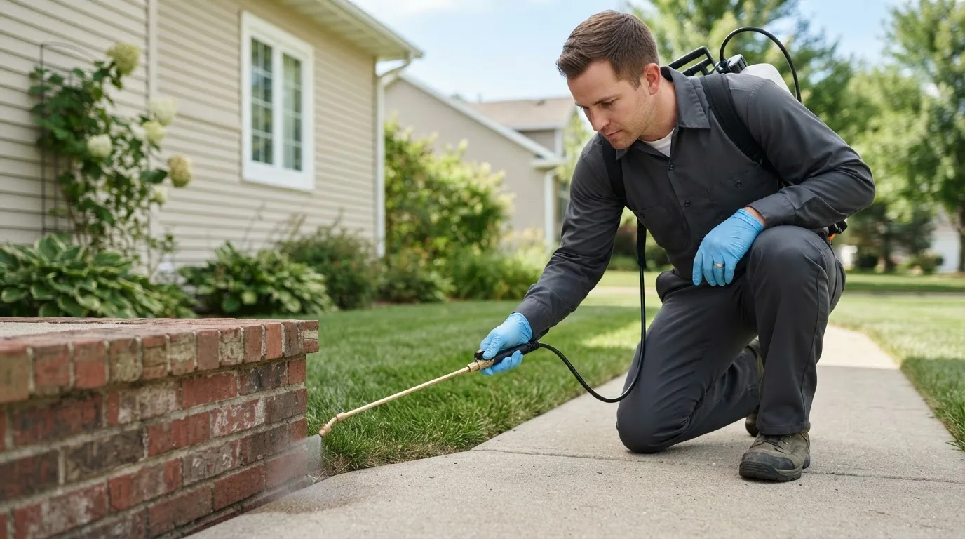 Pest control technician treating a home near Holden, MO