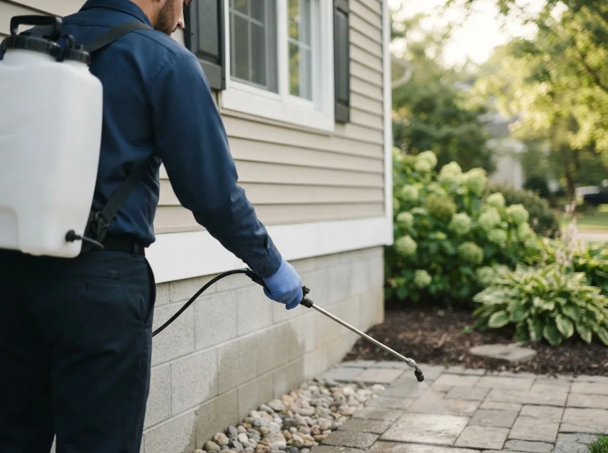Pest control technician inspecting a home in Holden, MO